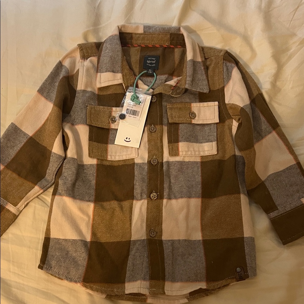 Babyface Kids Plaid Button-Down Shirt in Brown and Cream